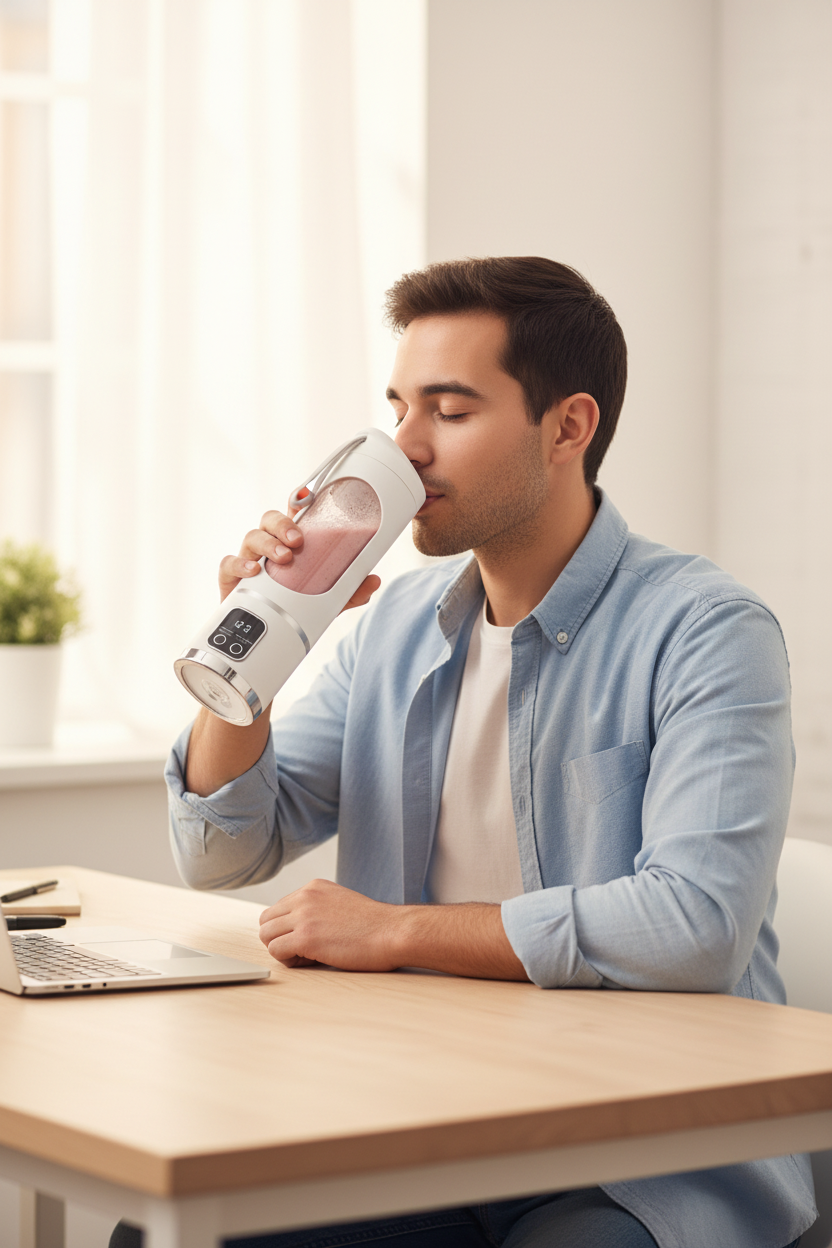 Lifestyle – Hombre tomando batidora blanca en oficina
