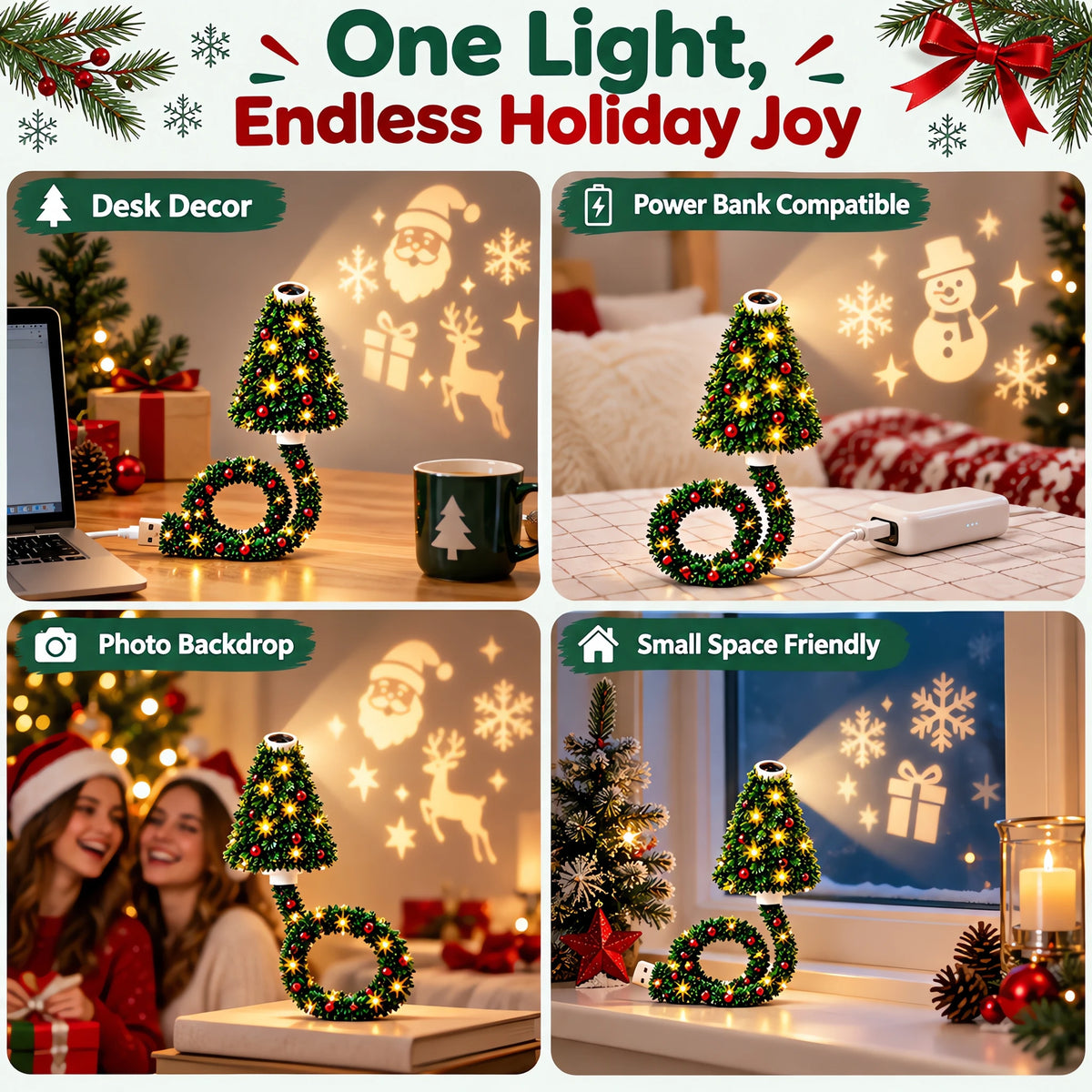 Christmas Tree Projection Light USB Plug-And-Play LED Projector with 6 Festive Scenes Gooseneck Lamp for Party Atmosphere
