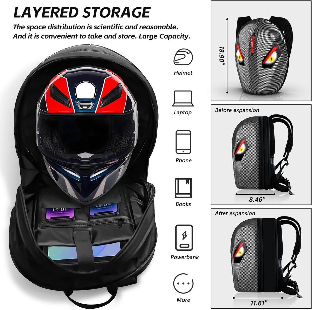 Motorcycle Backpack for Men, LED Backpack with DIY Programmable Full Color Screen, Hard Shell Large Capacity Waterproof Helmet Bag Laptop Backpack