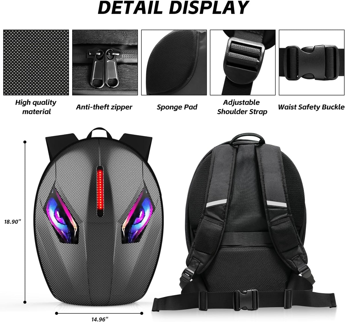 Motorcycle Backpack for Men, LED Backpack with DIY Programmable Full Color Screen, Hard Shell Large Capacity Waterproof Helmet Bag Laptop Backpack