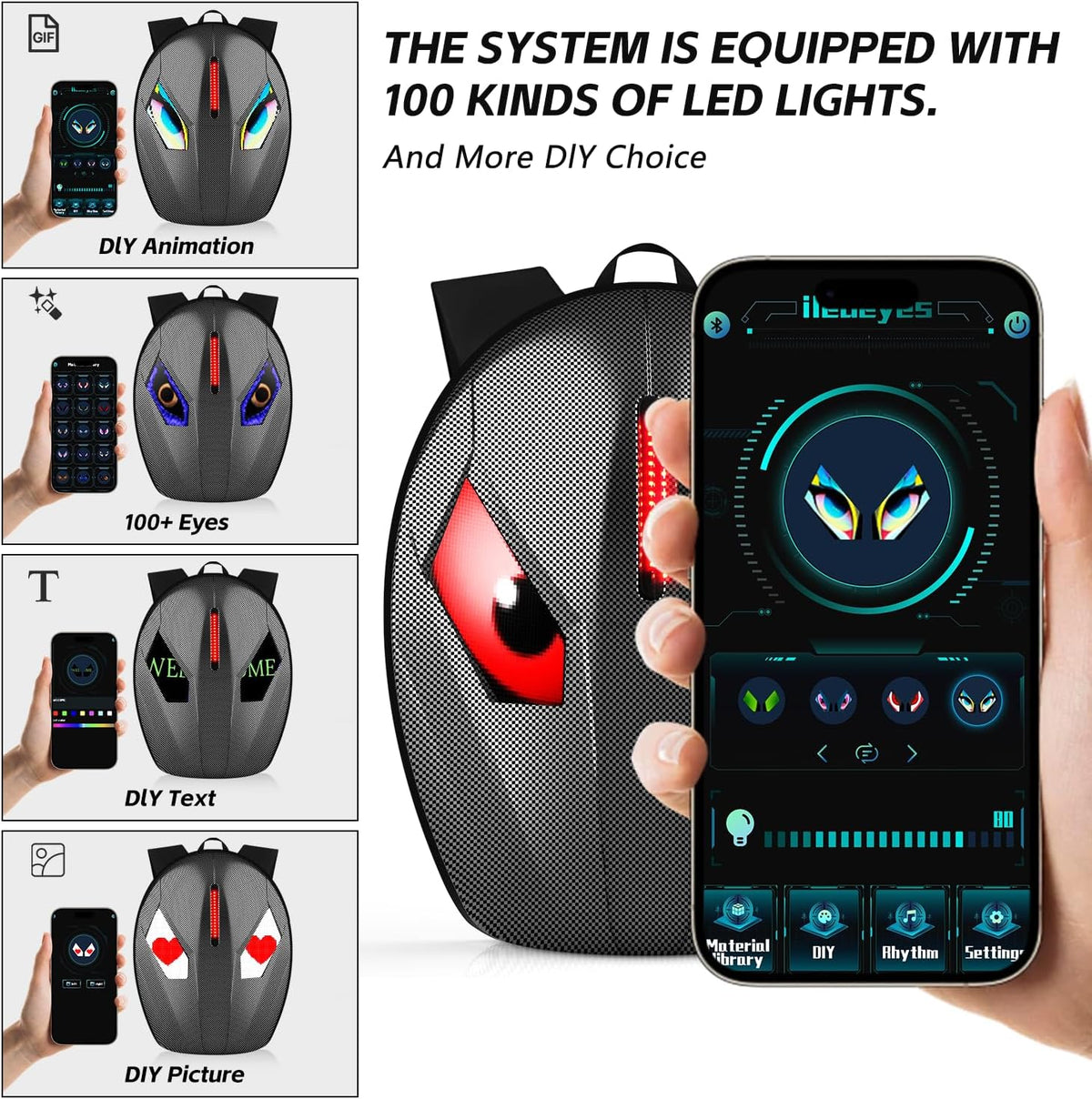 Motorcycle Backpack for Men, LED Backpack with DIY Programmable Full Color Screen, Hard Shell Large Capacity Waterproof Helmet Bag Laptop Backpack