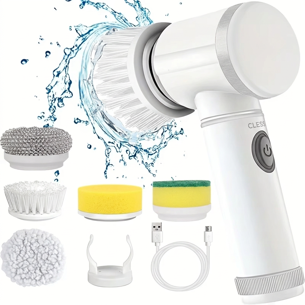 Cordless electric spin scrubber with interchangeable brush heads