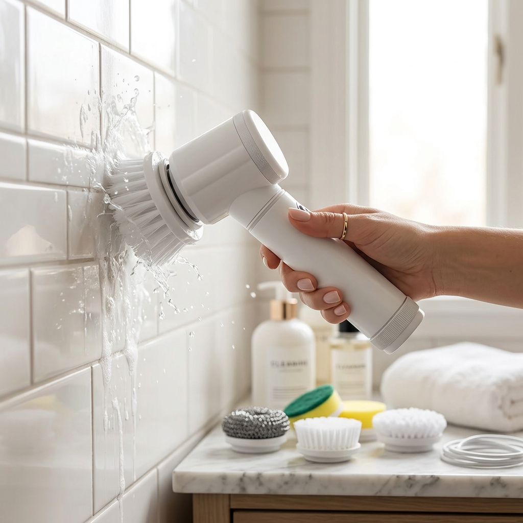 Cordless electric spin scrubber cleaning the bathroom
