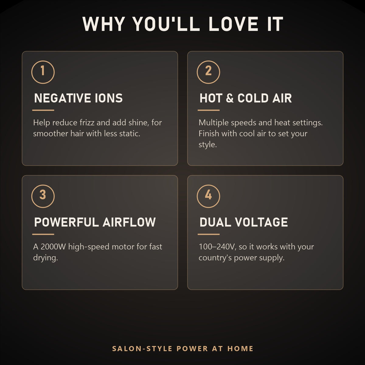 Hair dryer features: negative ions, hot and cold air, powerful airflow, dual voltage