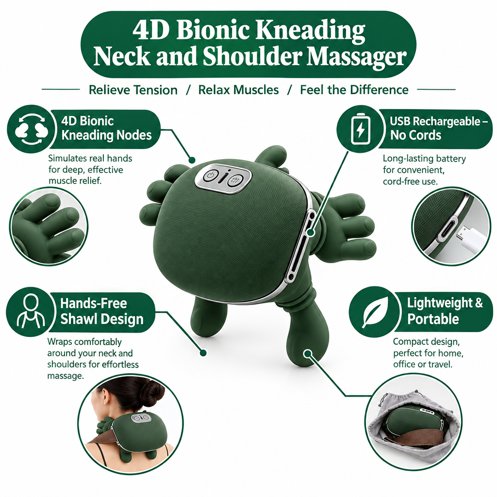 4D Bionic Neck & Shoulder Massager – Hands-Free Kneading Relief, Cordless & USB Rechargeable