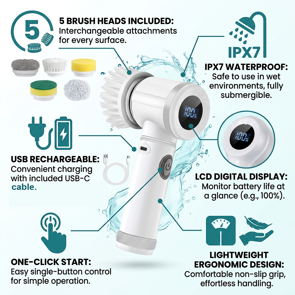 Cordless electric spin scrubber - features: 5 brush heads, IPX7 waterproof, USB rechargeable, LCD display