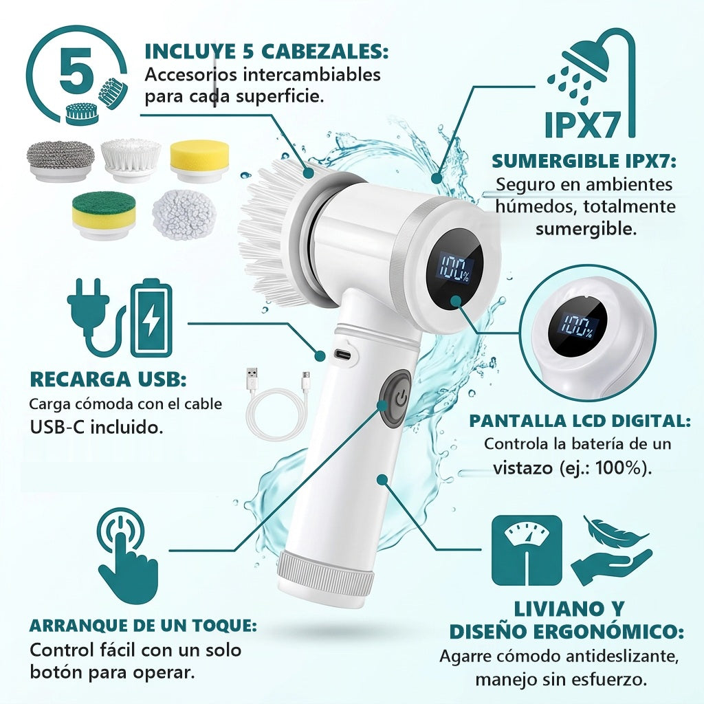 Cepillo eléctrico giratorio: 5 cabezales, IPX7, recarga USB y pantalla LCD