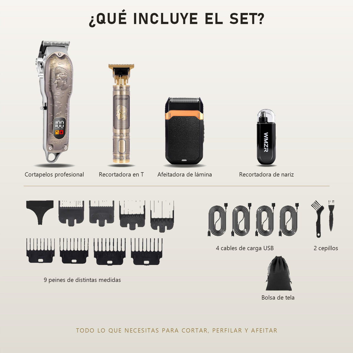 Qué incluye el set: equipos, 9 peines, 4 cables USB, 2 cepillos y bolsa de tela