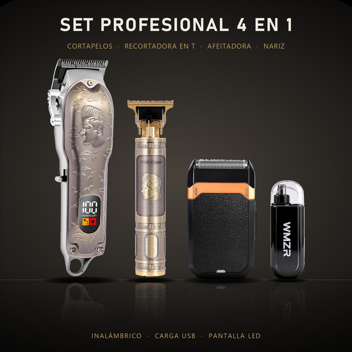 Set profesional de cortapelos 4 en 1: cortapelos, recortadora en T, afeitadora y recortadora de nariz