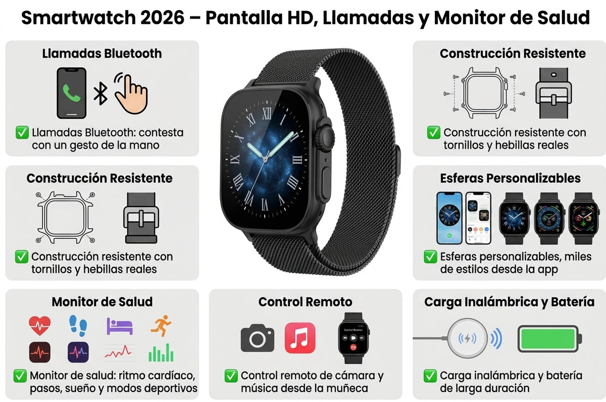 Smartwatch 2026 – Pantalla HD, Llamadas y Monitor de Salud