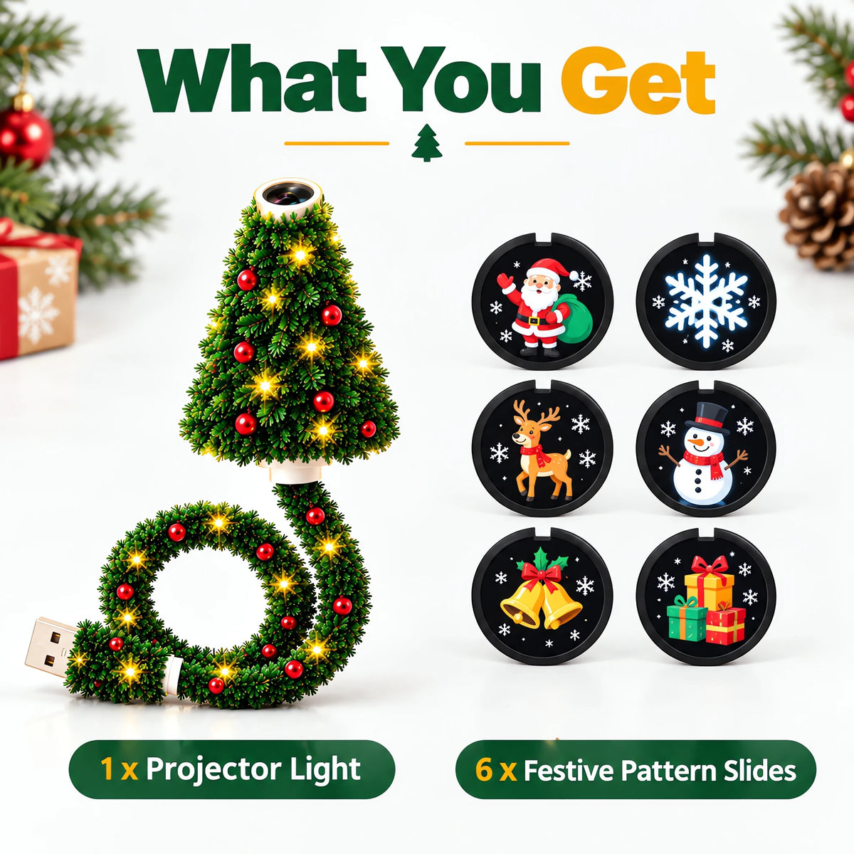 Christmas Tree Projection Light USB Plug-And-Play LED Projector with 6 Festive Scenes Gooseneck Lamp for Party Atmosphere