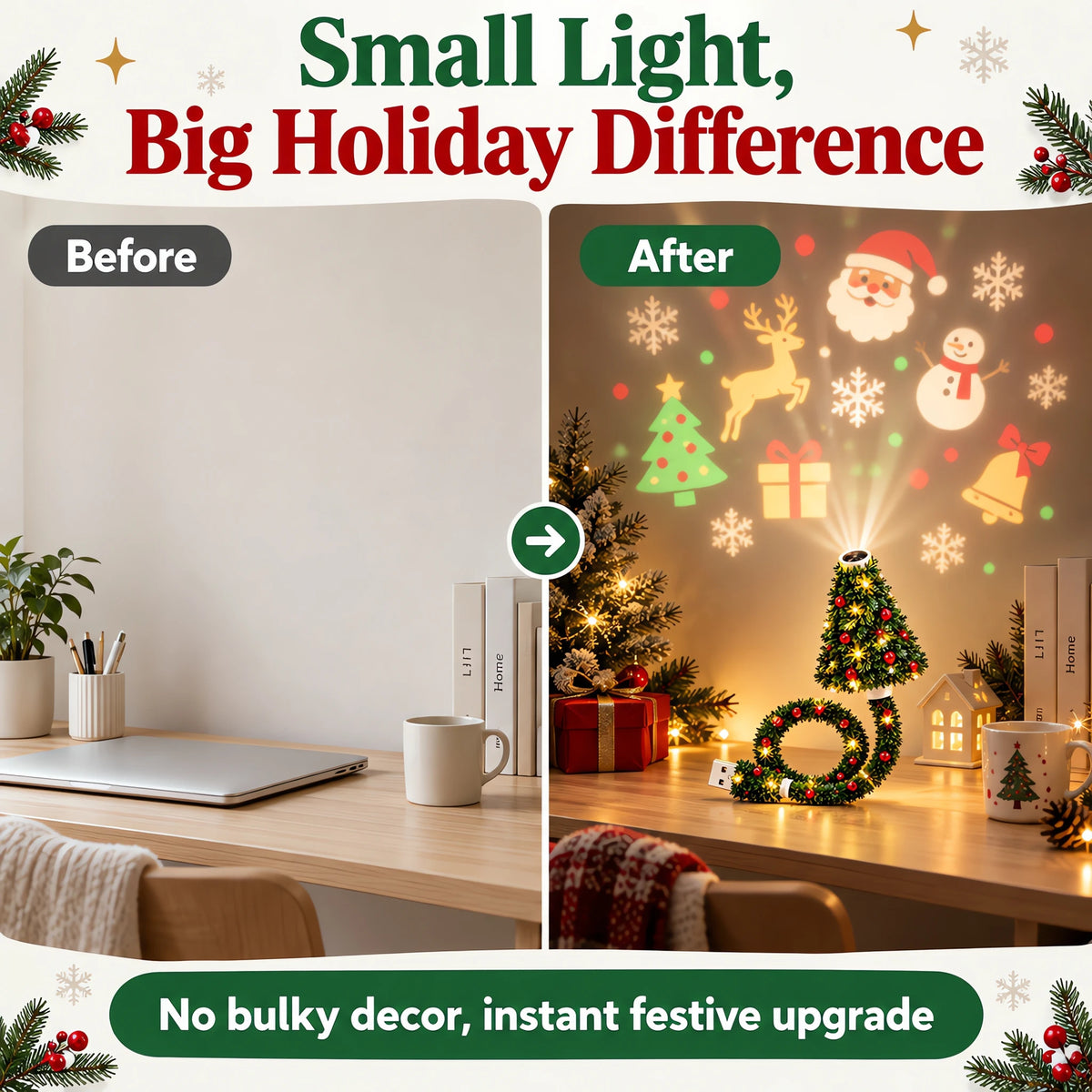 Christmas Tree Projection Light USB Plug-And-Play LED Projector with 6 Festive Scenes Gooseneck Lamp for Party Atmosphere