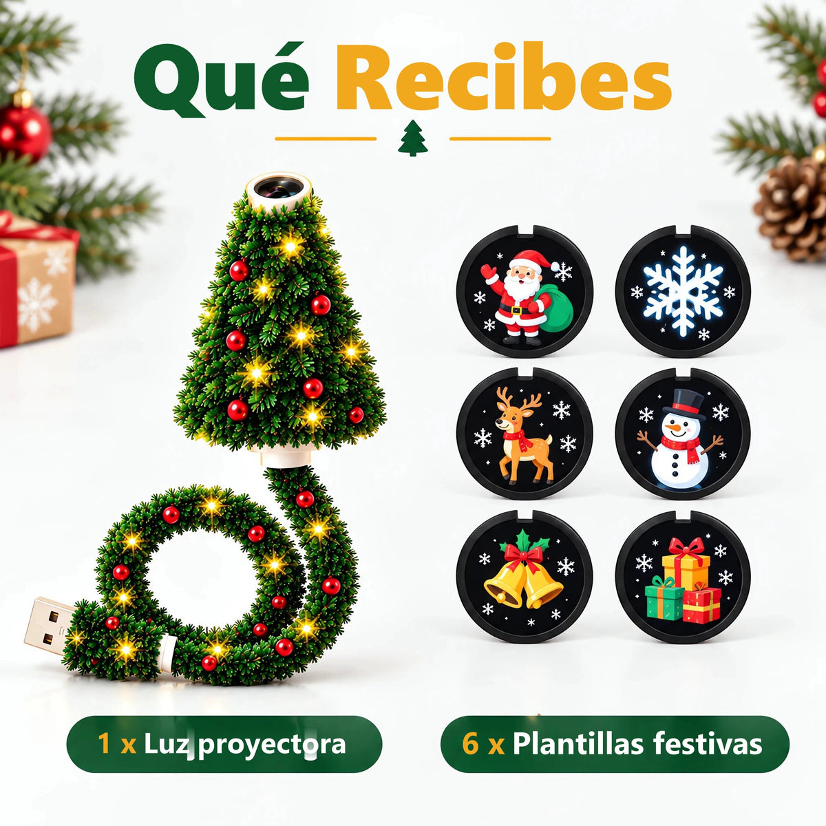 Qué recibes: 1 luz proyectora y 6 plantillas festivas